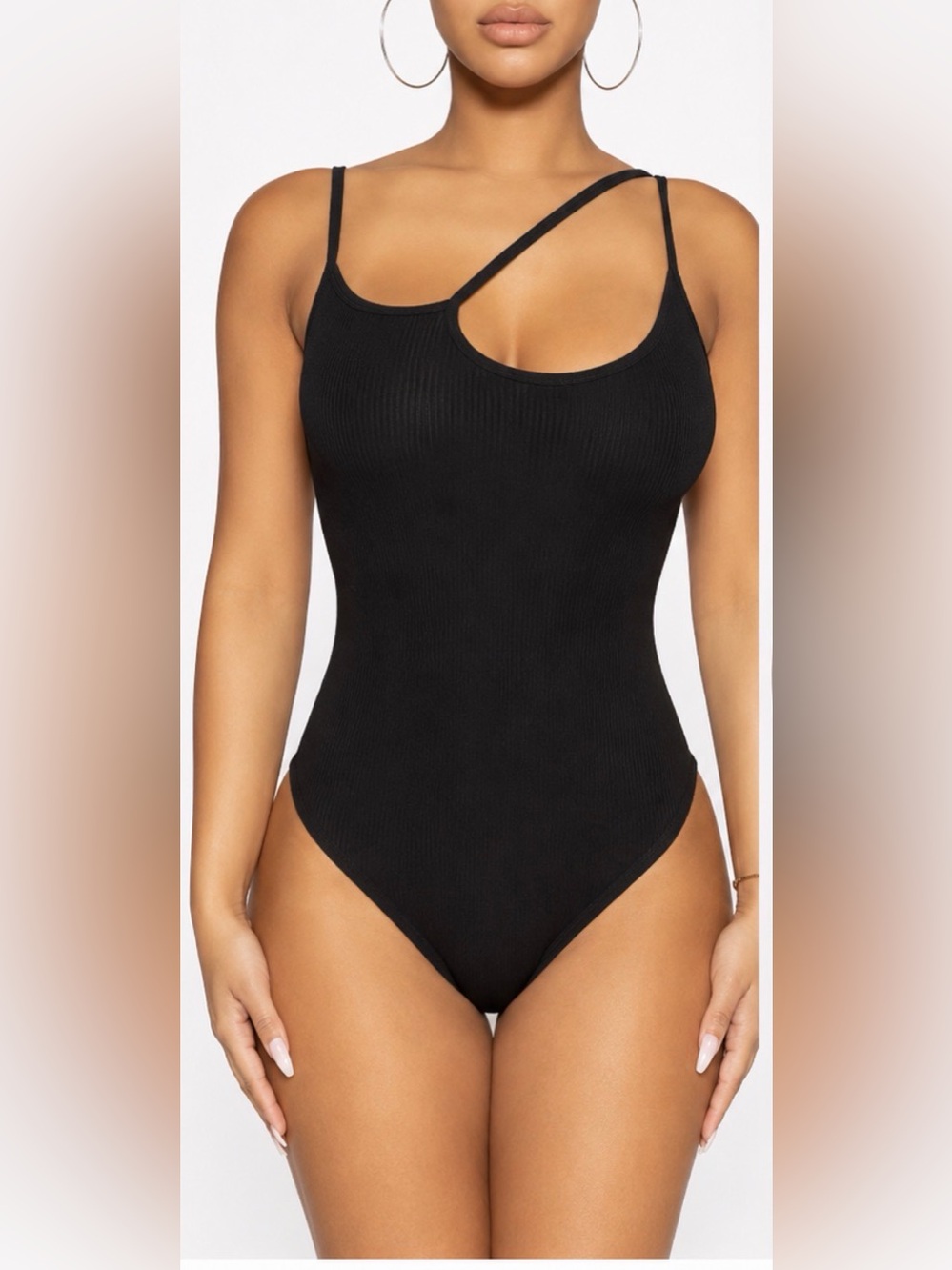 NWT Naked Wardrobe Black Ribbed One-Shoulder Bodysuit Size Large